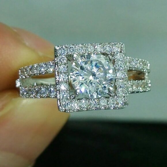 ▶Anillos Double Layer Clear Round Zircon Macro Pave Square Dainty Ring, L275 - Picture 3 of 4
